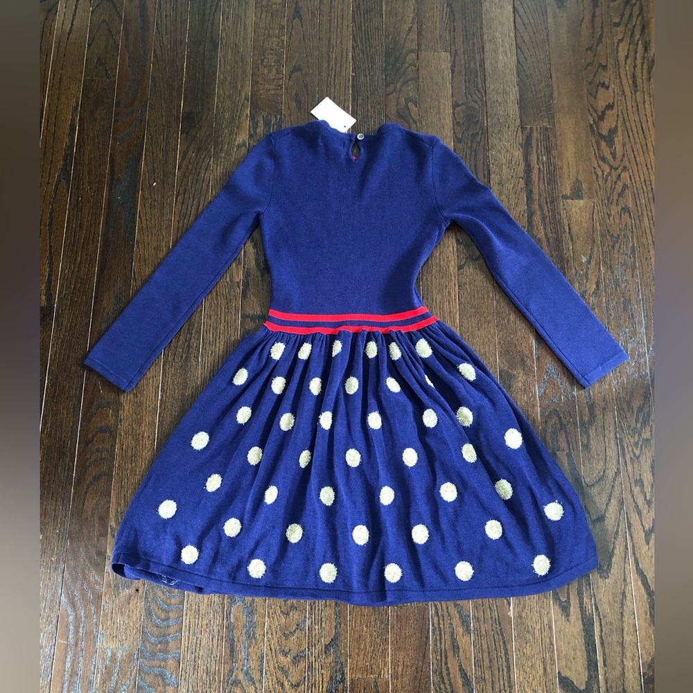 Mini Boden Girls 9-10Y Navy/Red Long-Sleeved Ribbed Dress w/Gold Polka Dot Skirt - Picture 9 of 12